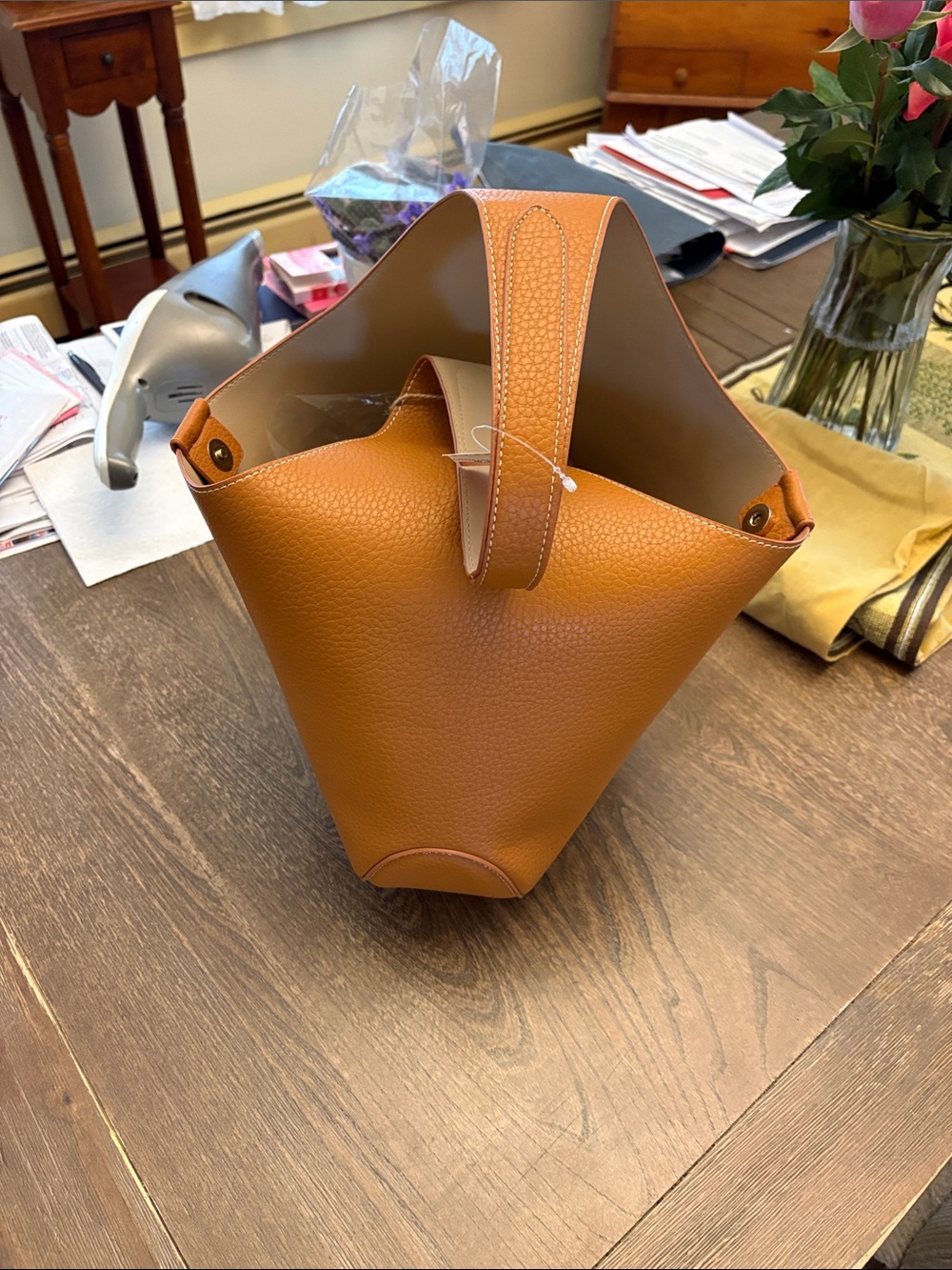 Antik Kraft Tan Pebbled Leather Bucket Tote